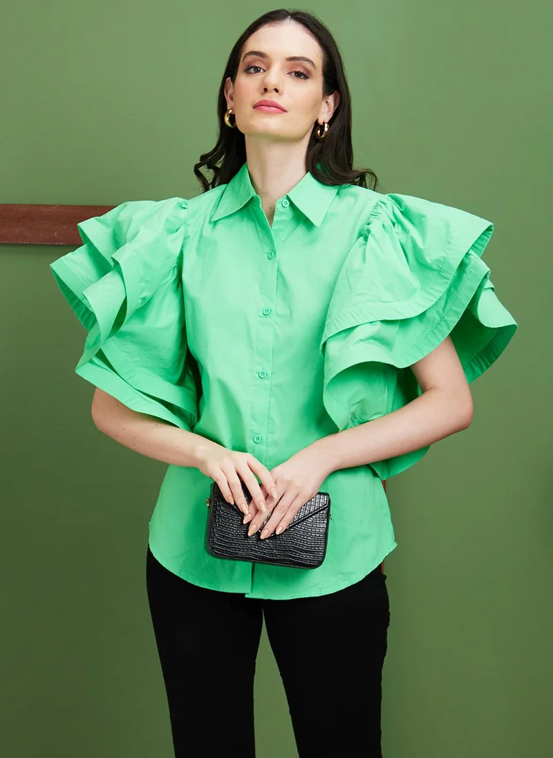 جلو باص بلوزة نسائية قطنية بأكمام واسعة خضراء